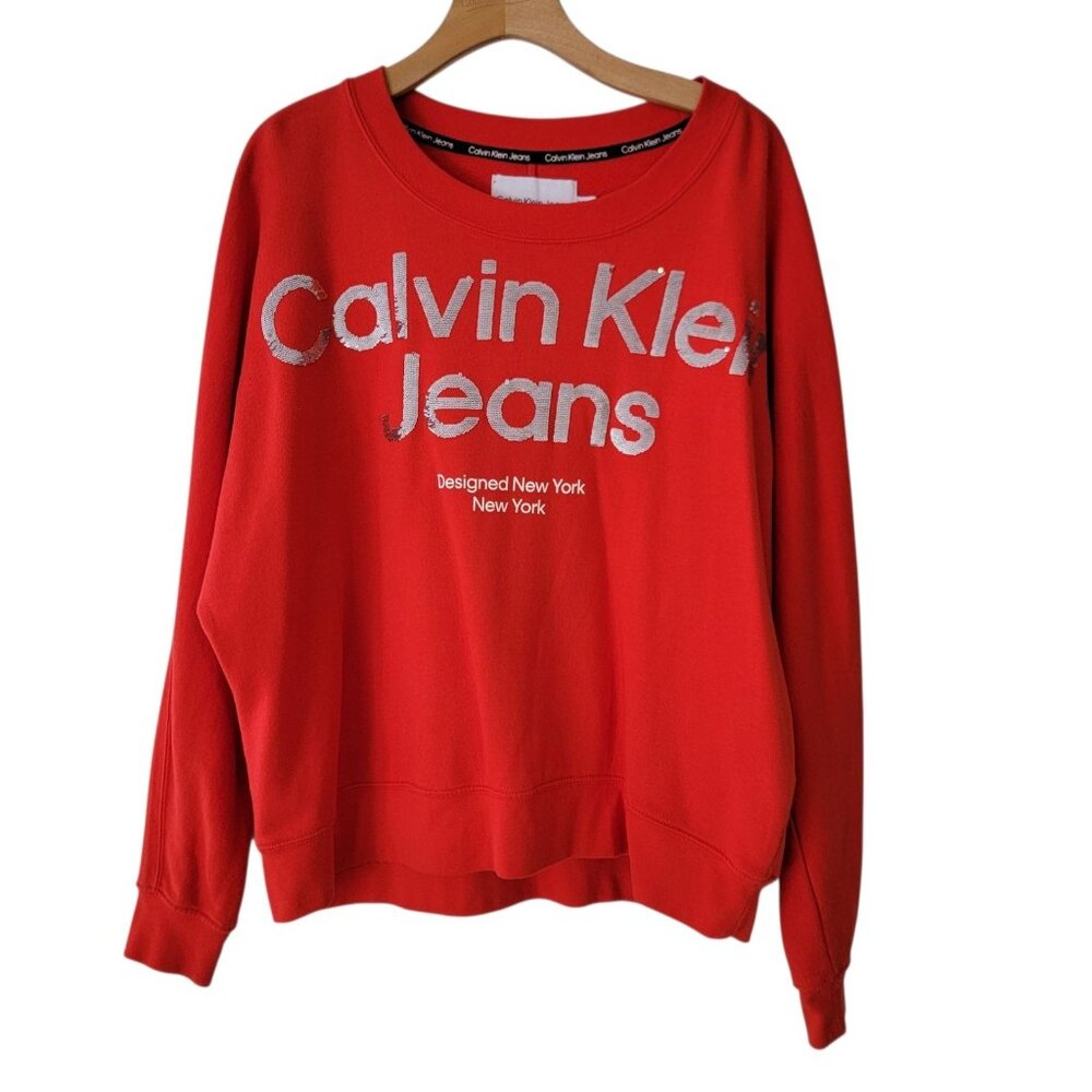 Vintage 90s Calvin Klein Jeans Red Crewneck Sweatshirt Sequin Logo‎ Size XL